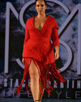 New York Fashion Week Model wearing Stacey Martin Lifestyle Signature Wrap in Crimson red. Made from bamboo organic cotton. Ethically Made in Canada. Sweatshirt dressing re-imagined